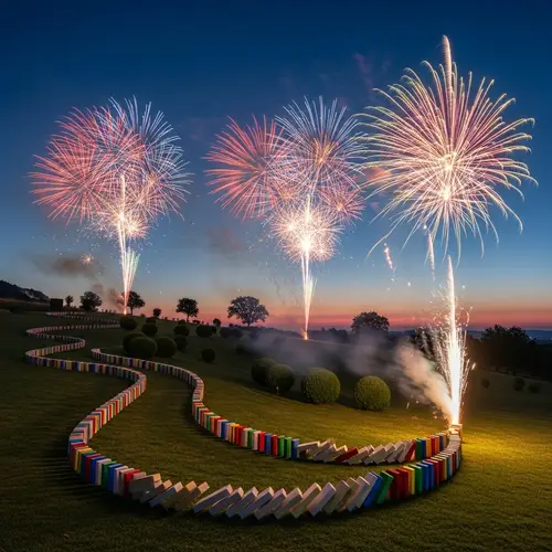 Domino Chain Reaction Leading to Firework Display