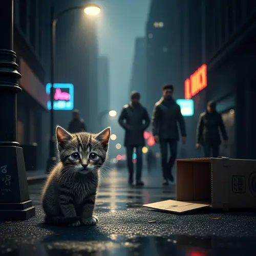 Lonely Kitten Under Dim Street Lamp