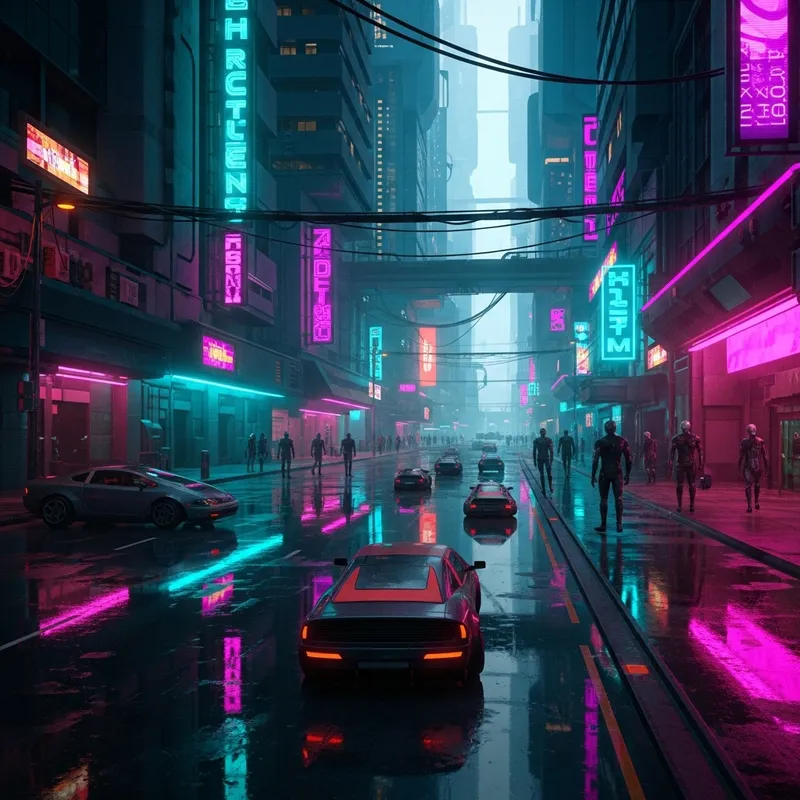 Futuristic Cyberpunk Cityscape - Neon Lights and Androids in Vibrant Digital Painting Futuristic Cyberpunk Cityscape - Neon Lights and Androids in Vibrant Digital Painting