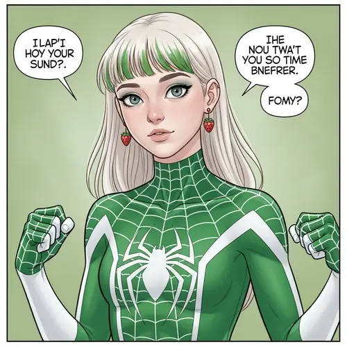 Pale Teenage Girl in Green Spider Web Jumpsuit | Heroic Pose