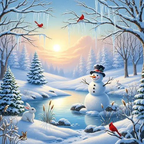 Serene Winter Landscape with Snowman and Wildlife