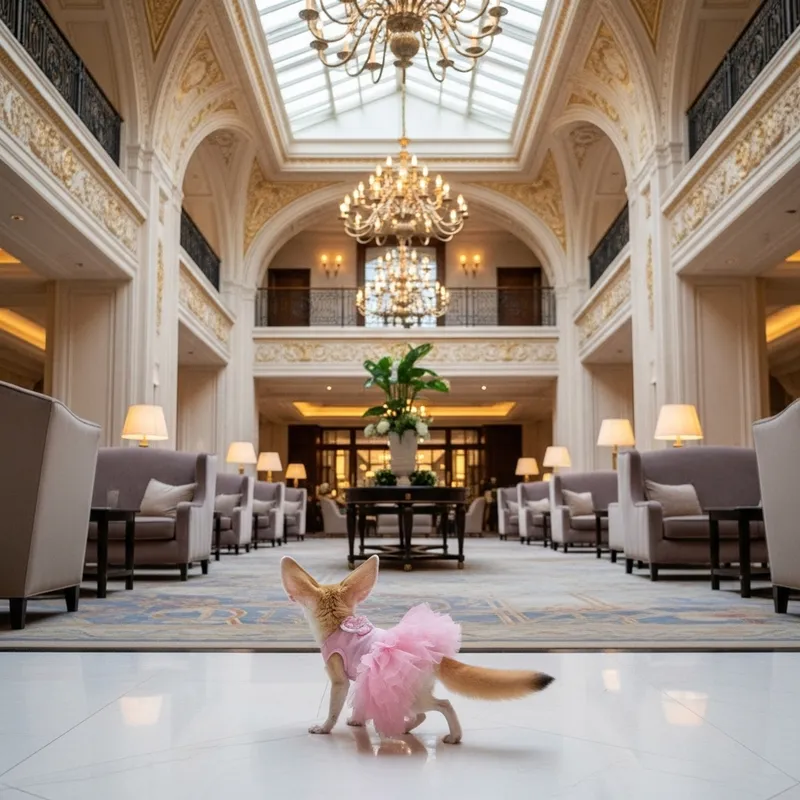 Adorable Fennec Fox in Pink Tutu at Fancy Hotel