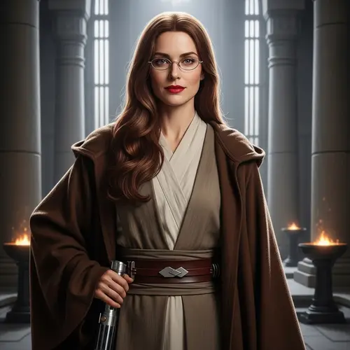 Female Jedi with Auburn Hair, Glasses & Red Lipstick