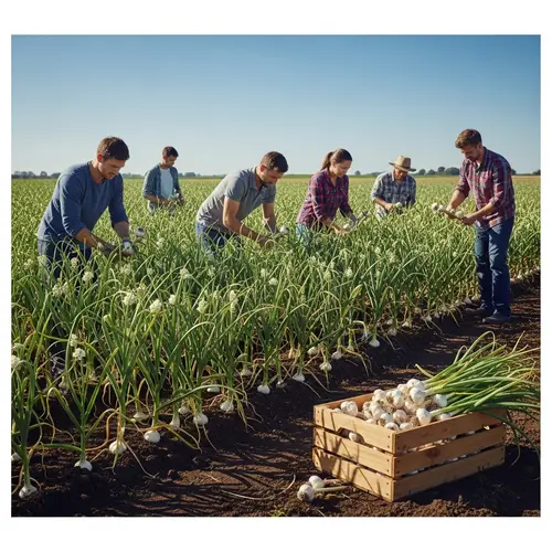 Diverse Farmers Harvesting Garlic in Sunny Field
