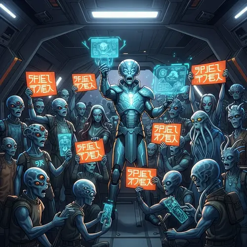 Extraterrestrial Revolution: Diverse Alien Rally in Spaceship