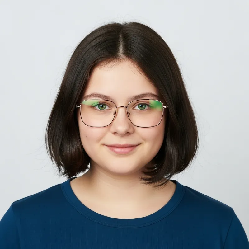 Cute Girl with Bob Cut, Green Eyes, and Square Glasses Cute Girl with Bob Cut, Green Eyes, and Square Glasses