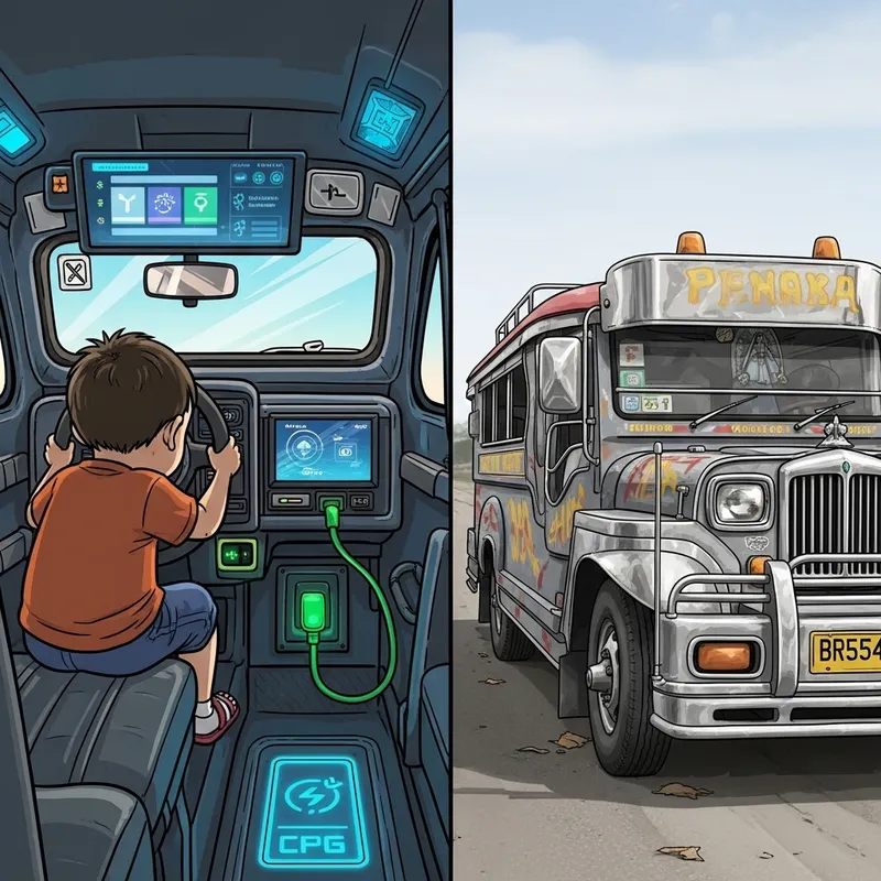 Generational Shift: Child's Modern vs. Neglected Traditional Jeepney Generational Shift: Child's Modern vs. Neglected Traditional Jeepney