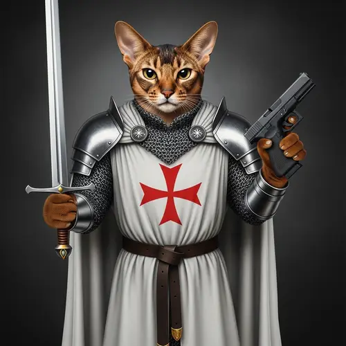 Abyssinian Cat in Medieval Armor with Sword and Gun