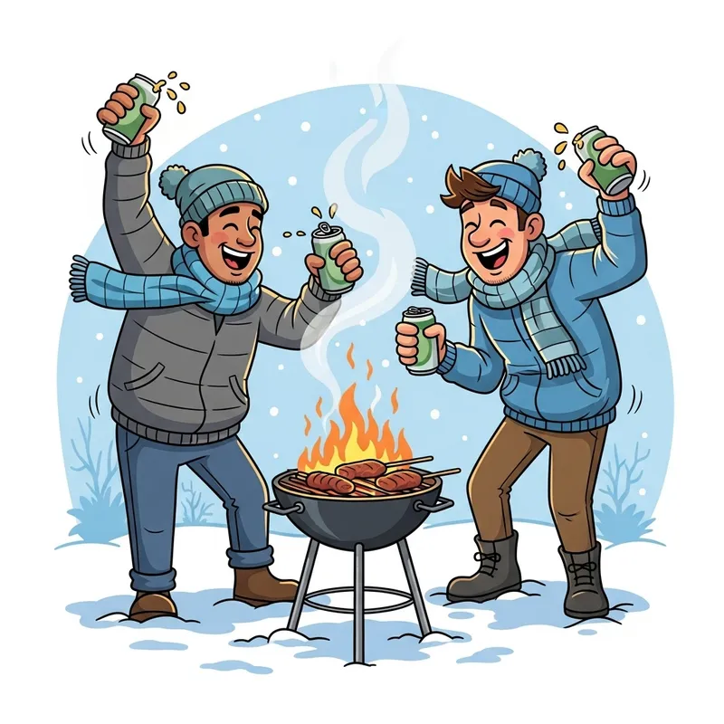 Winter BBQ Cartoon: Drunk Men Grilling with Beers