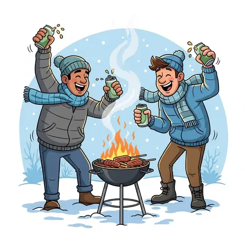 Winter Barbecue Fun: Hispanic & Caucasian Men Laughing with Beers