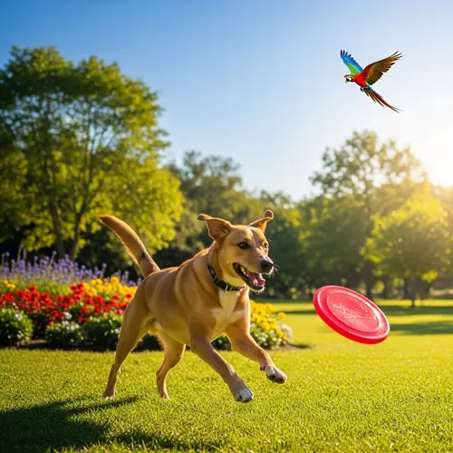 Playful Dog Running in Sunny Park | Mixed Breed Pup Chasing Red Disc