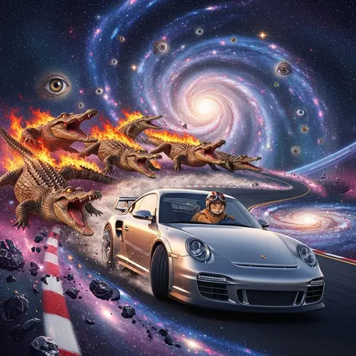 Cat Drifting in Porsche GT2 Surprises Flaming Crocodiles
