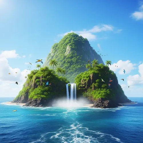 Tranquil Island Paradise - Azure Sky, Tropical Vegetation & Waterfall