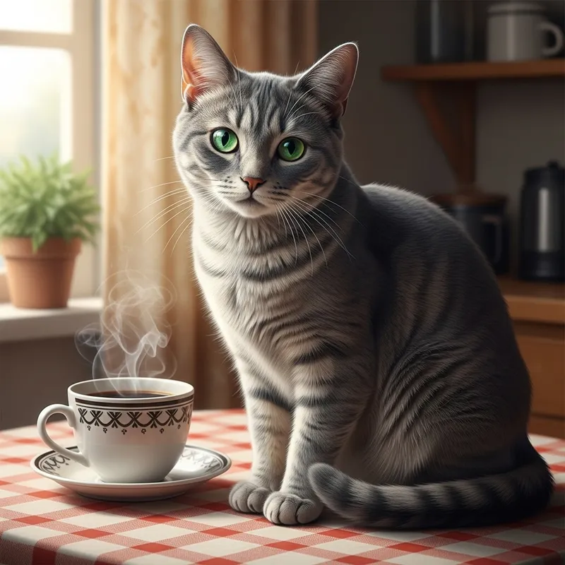 Cozy Cat Enjoying Coffee on Tablecloth