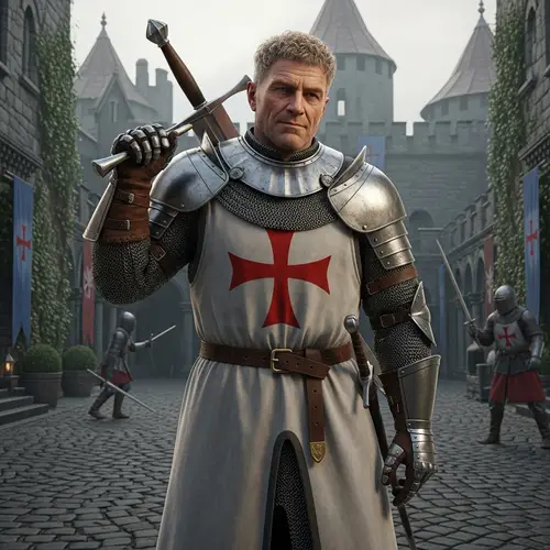 Medieval Knight with Templar Insignia in Castle Courtyard