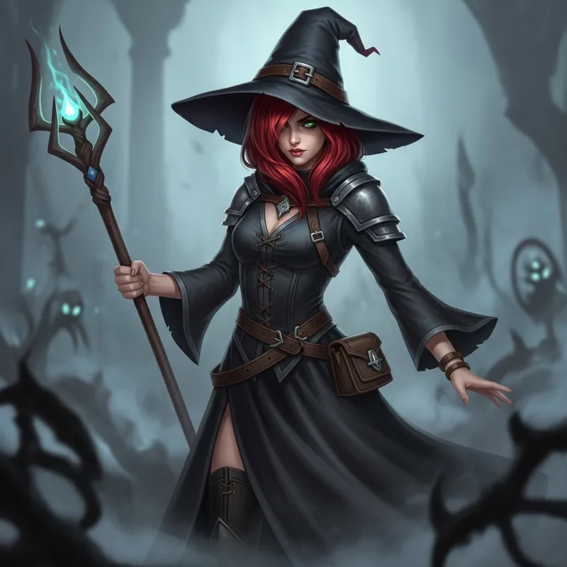 Red-Haired Female Necromancer | Mage Staff & Black Dress