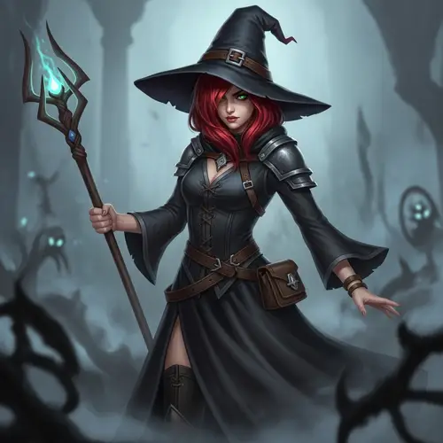Vibrant Red-Haired Female Necromancer | Assured Stance & Mage Staff
