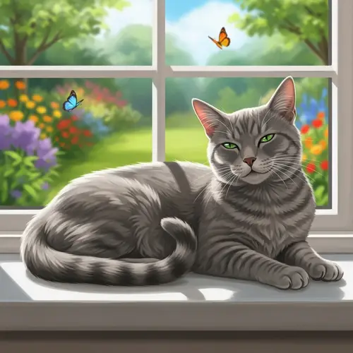 Adorable Grey Cat Enjoying Sunlit Windowsill | Serene Garden View
