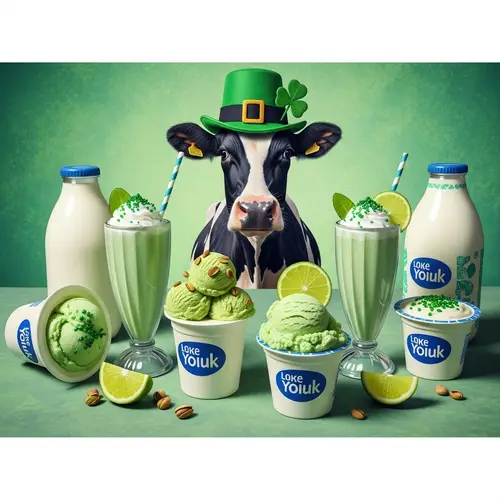Whimsical Cow in Leprechaun Hat surrounded by Green Dairy Products