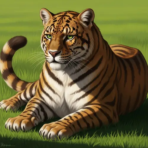 Majestic Large Feline in Verdant Field | Golden Fur & Green Eyes
