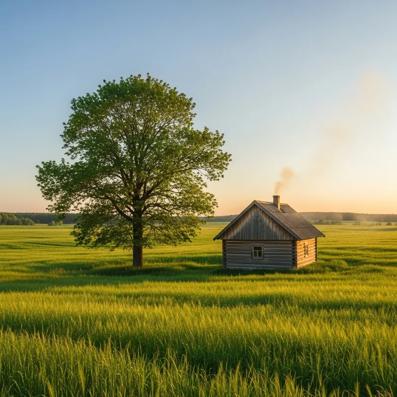 Serene Fields and Cabin in Nature