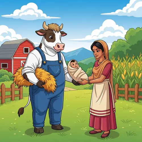 Adorable Anthro Cow and South Asian Mother Bonding on Green Farm