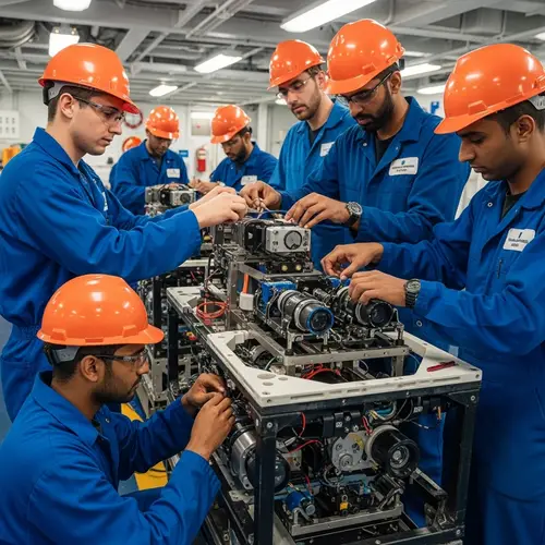 Diverse Team of Engineers Working on Underwater Robotic Vehicles