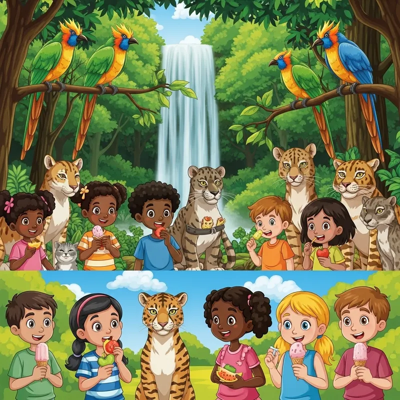Green Forest Waterfall with Exotic Birds, Children Playing, and Ice Cream Treats