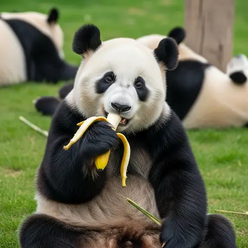 Cute Black and White Panda Enjoying a Banana on Grass Field
