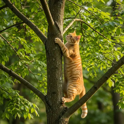Playful Orange Cat Climbing Tree | Nature's Agility Showcase