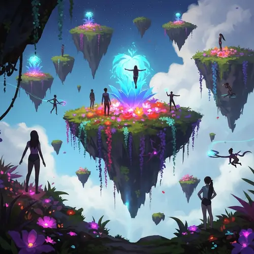Surreal Dreamscape with Glowing Flora and Ethereal Figures