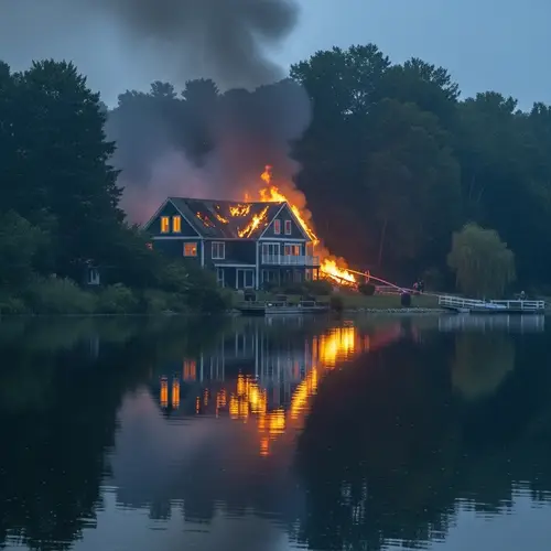Tranquil Lake House Reflection Amidst Radiant Glow