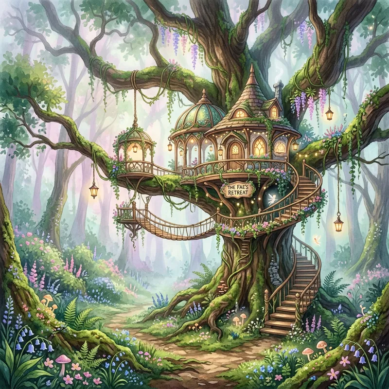 Magical Treehouse in a Misty Forest
