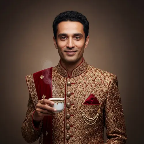 Traditional South Asian Man in Colorful Sherwani with Tea