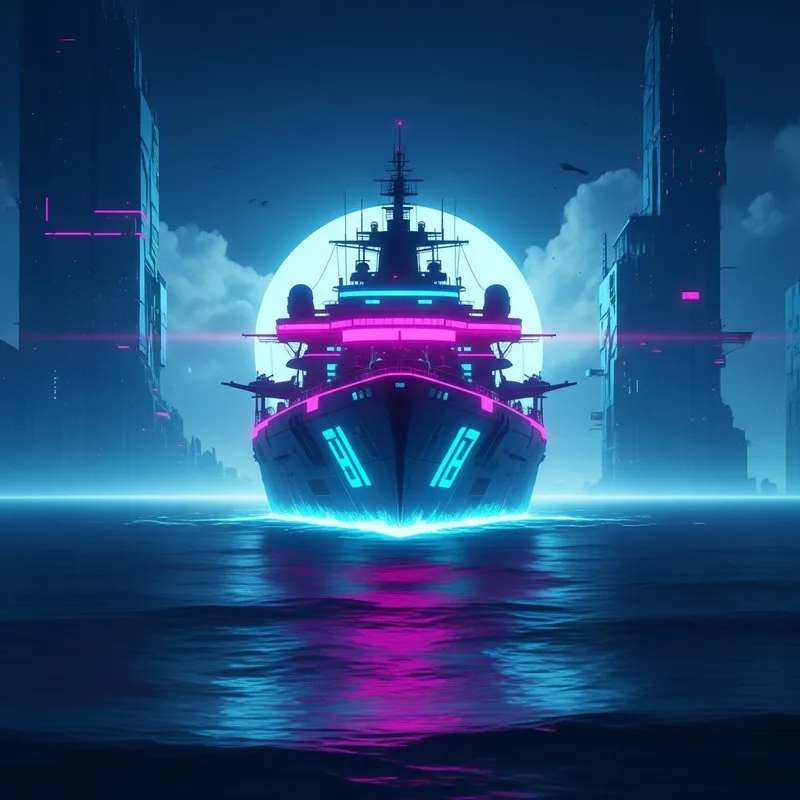 Mysterious Neon Ship in Vibrant Futuristic Seascape Mysterious Neon Ship in Vibrant Futuristic Seascape