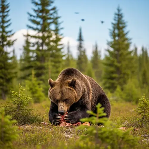 Brown Bear Eating in Lush Forest | Wildlife Scene