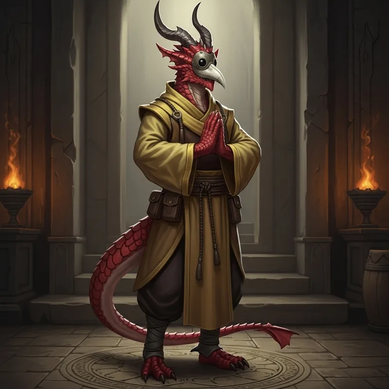 Male Dragonborn Monk in Red Scales with Plague Doctor Mask