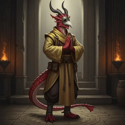 Male Dragonborn Monk Character with Red Scales & Plague Doctor Mask