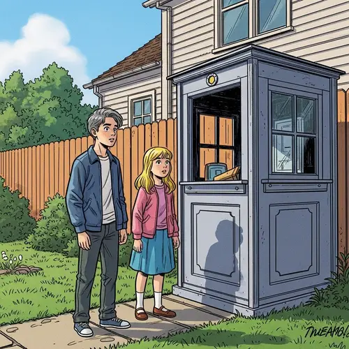 Gray-Haired Boy and Sister at Unique Backyard Booth