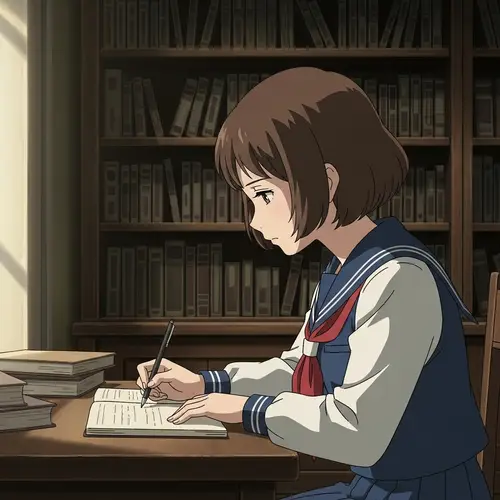 Anime-Style Schoolgirl Writing in Library Setting