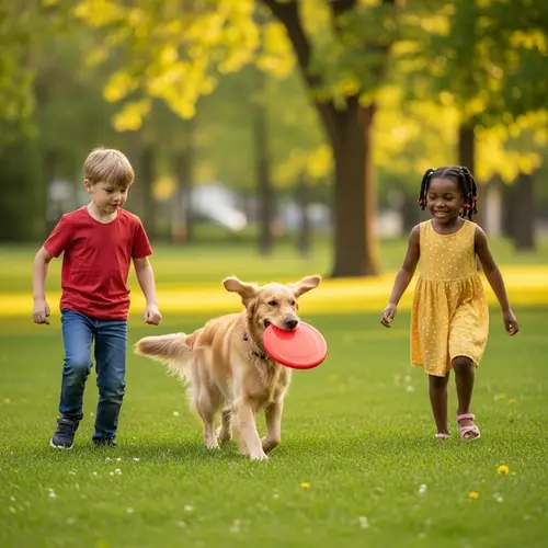 Heartwarming Park Scene with Golden Retriever Fetching Frisbee