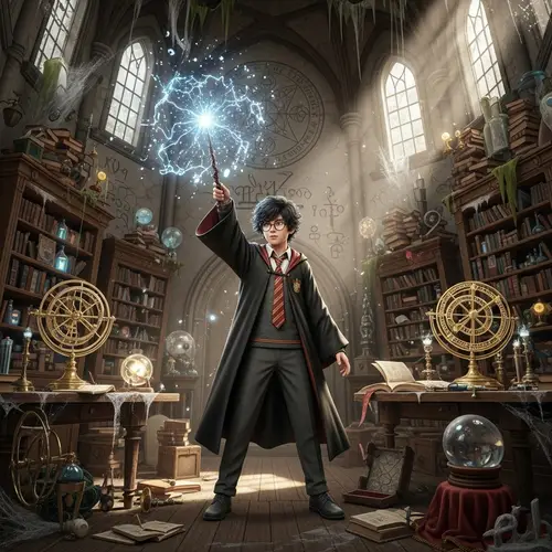 Young Wizard Destroying Whimsical Room with Magical Objects
