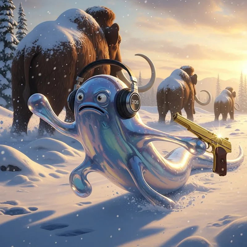 Ancient Slime in Headphones Chasing Mammoths with Golden Makarov Pistol