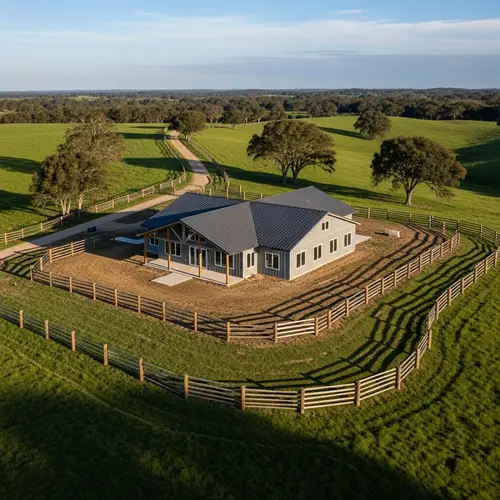 Breathtaking Aerial View of Post Frame Building Wrapped in Rustic Wooden Fence