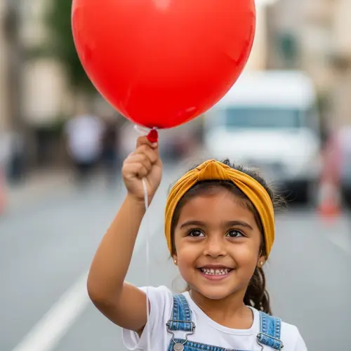 Young Hispanic Girl with Mustard-Colored Headband Holding Vibrant Red Balloon