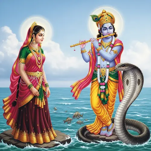 Radha and Krishna by the Vast Ocean: Spiritual Scene
