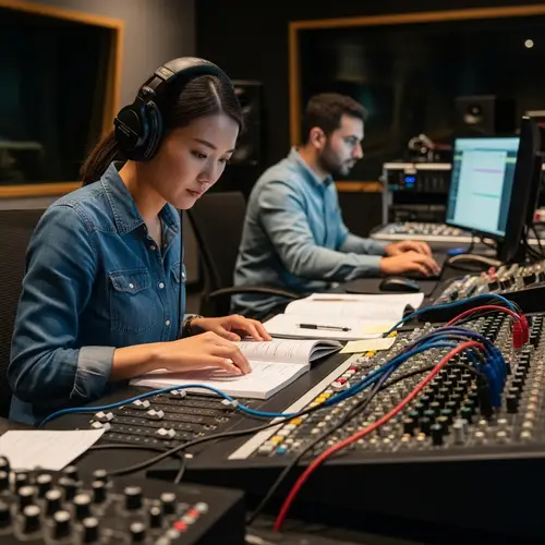 Professional Audio Studio Scene: East Asian Female Audio Engineer Troubleshooting
