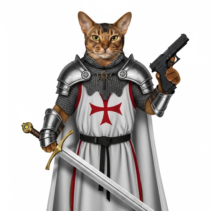 Muscular Abyssinian Cat in Chain Armor with Templar Cape: Battle-Ready Warrior