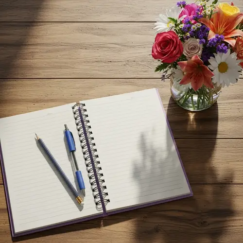 Lavender Journal with Pencil and Pen on Wooden Table