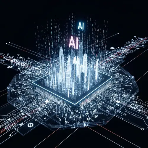 3D Rendering & Artificial Intelligence Image: Futuristic Cityscape & Circuit Board